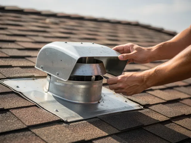 Holbrook Dryer Vent Cleaning certified technician safely cleaning a roof-mounted dryer vent in Holbrook