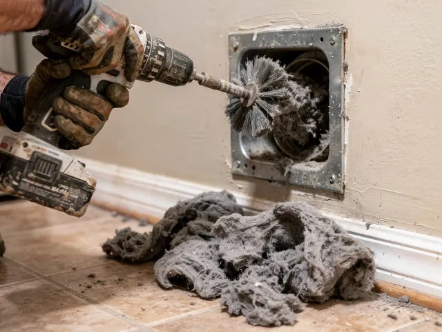 Certified Holbrook Dryer Vent Cleaning technician performing dryer vent cleaning in Holbrook