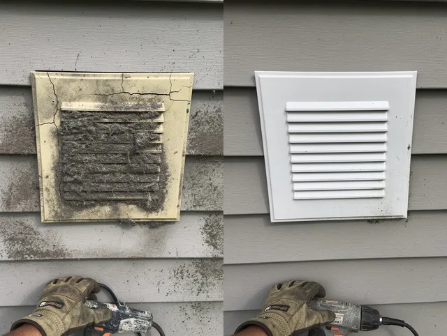 Holbrook Dryer Vent Cleaning technician installing high-quality dryer vent cover at a residential property in Holbrook