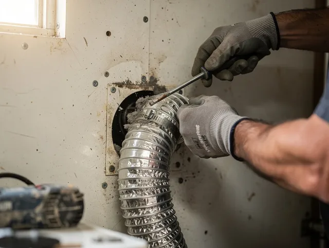 Holbrook Dryer Vent Cleaning technician performing precise dryer vent hose installation in Holbrook